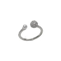 Open-end women's ring with round zircon stone on geometric band in gold or silver finish.