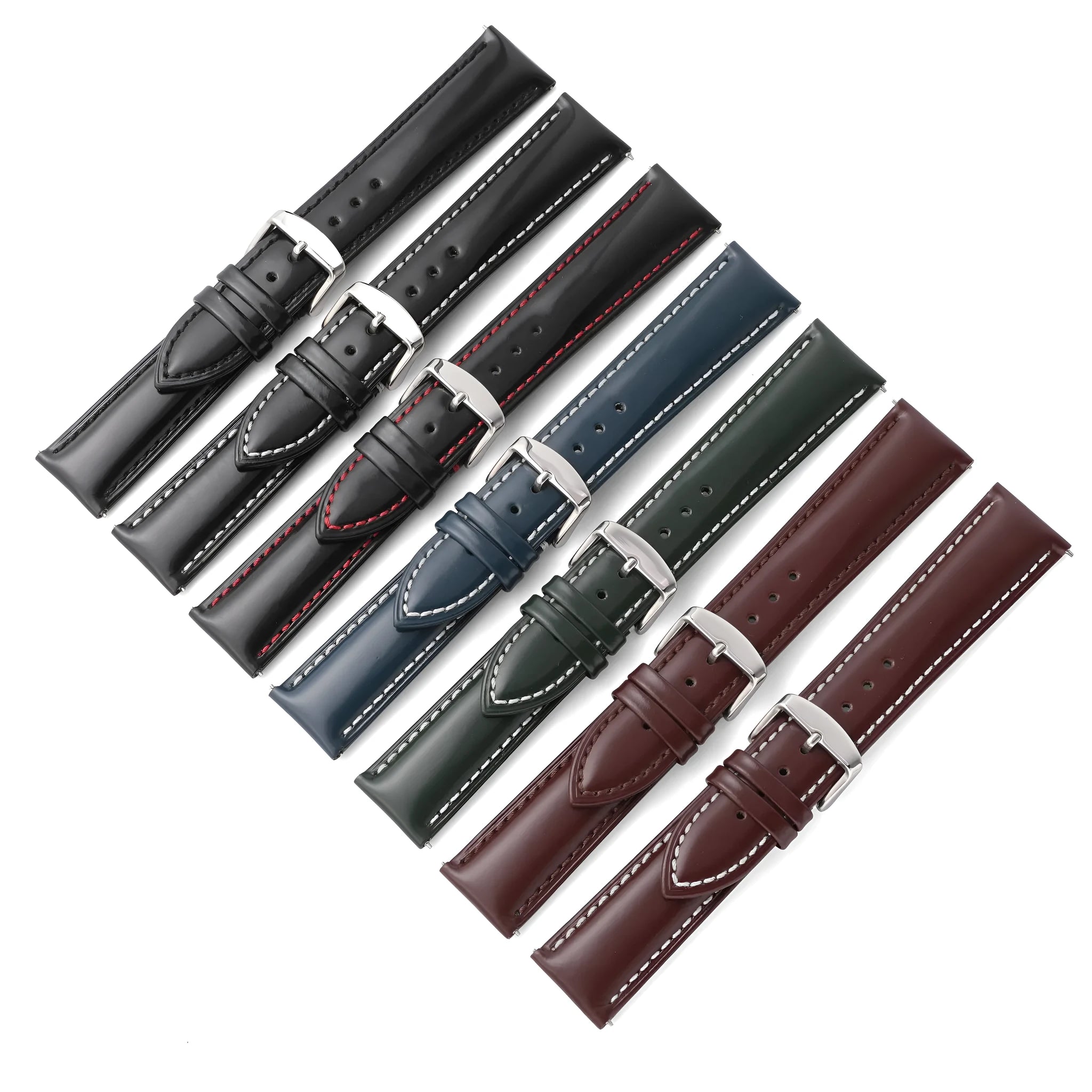 Quick release leather watch strap in dark brown with buckle and quick-release spring bars visible