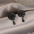 Black rose zircon stud earrings with flower shape and gold plating