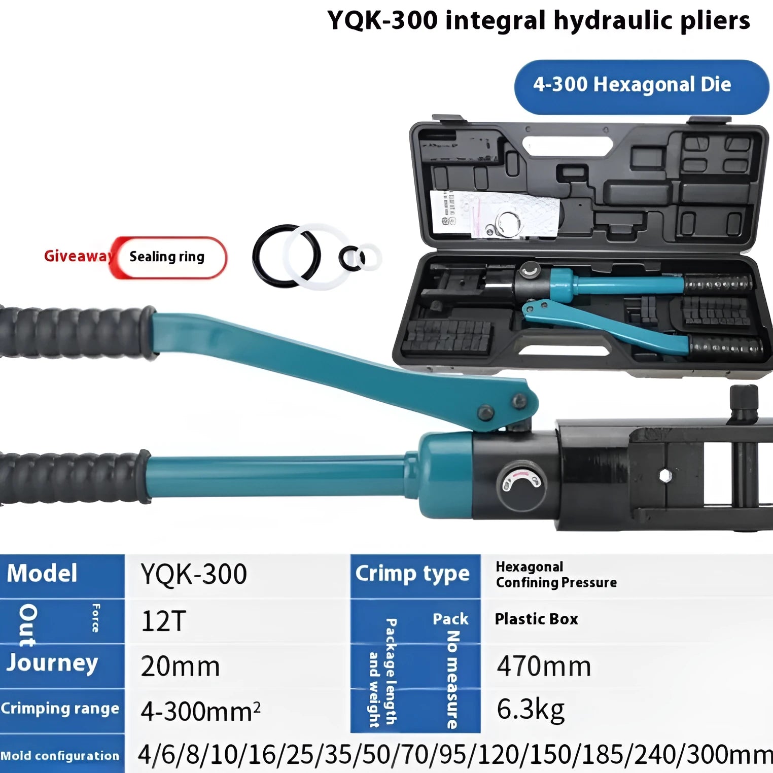 YQK-300 manual hydraulic wire crimper with 15 mould sets blue steel construction