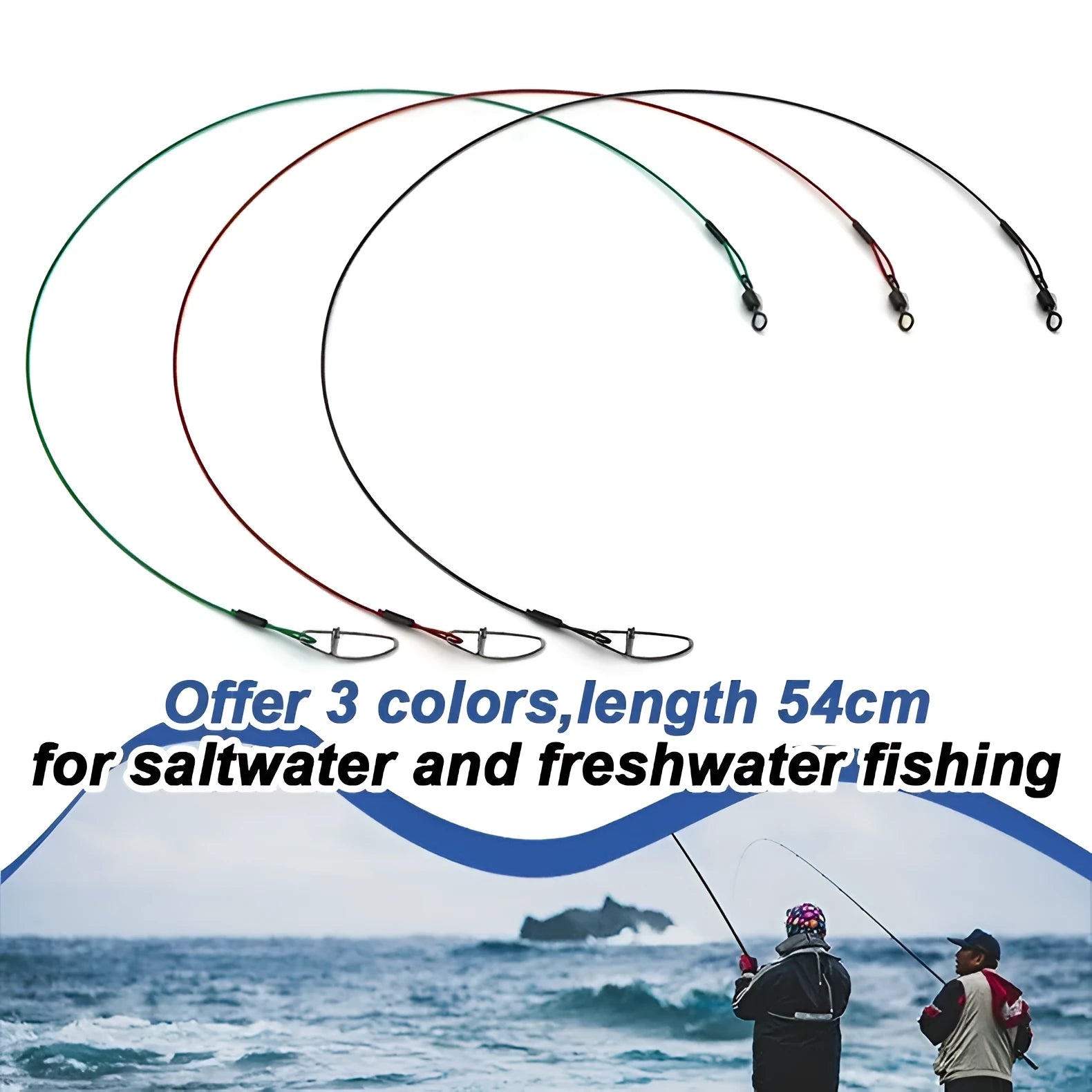 Set of ten 54 cm long green, black, and red fishing steel wire accessories with double buckle pins.