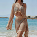 Women's bell sleeve hollow out vacation clothing suit in khaki colour with top and skirt