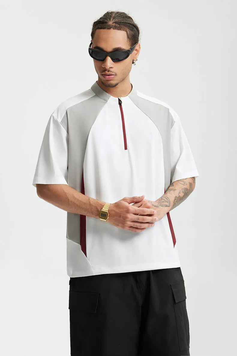 Men's lightweight polyester top with stitching detail in black or beige, available in long sleeve and short sleeve versions