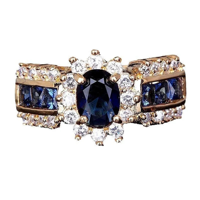 Personalised sunflower blue diamond and square cut blue or purple zircon rings for men and women.