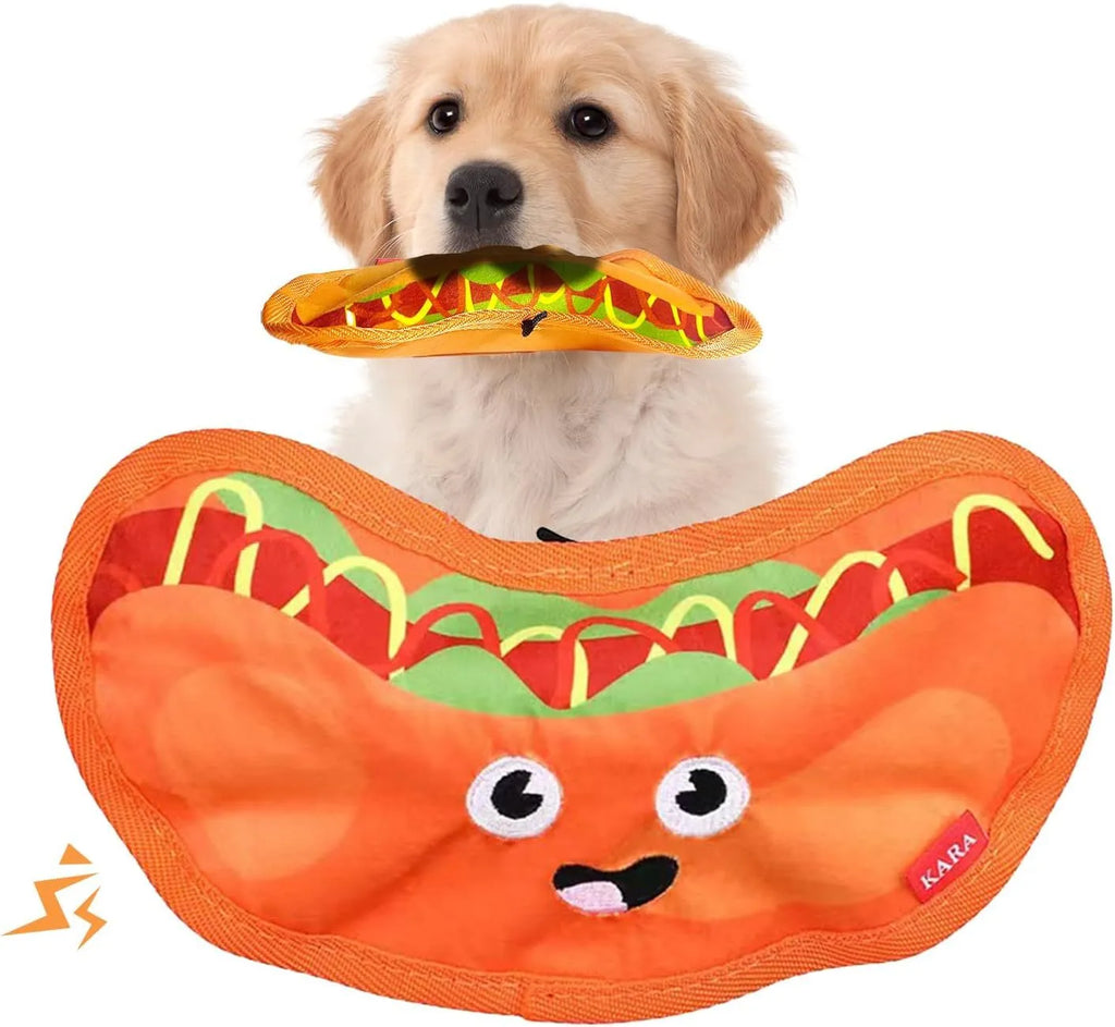 Crinkle and squeaker dog toy in hamburger shape with no stuffing