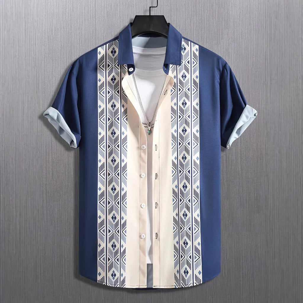 Man wearing loose fit plaid short sleeve shirt with lapel collar in contrasting colours