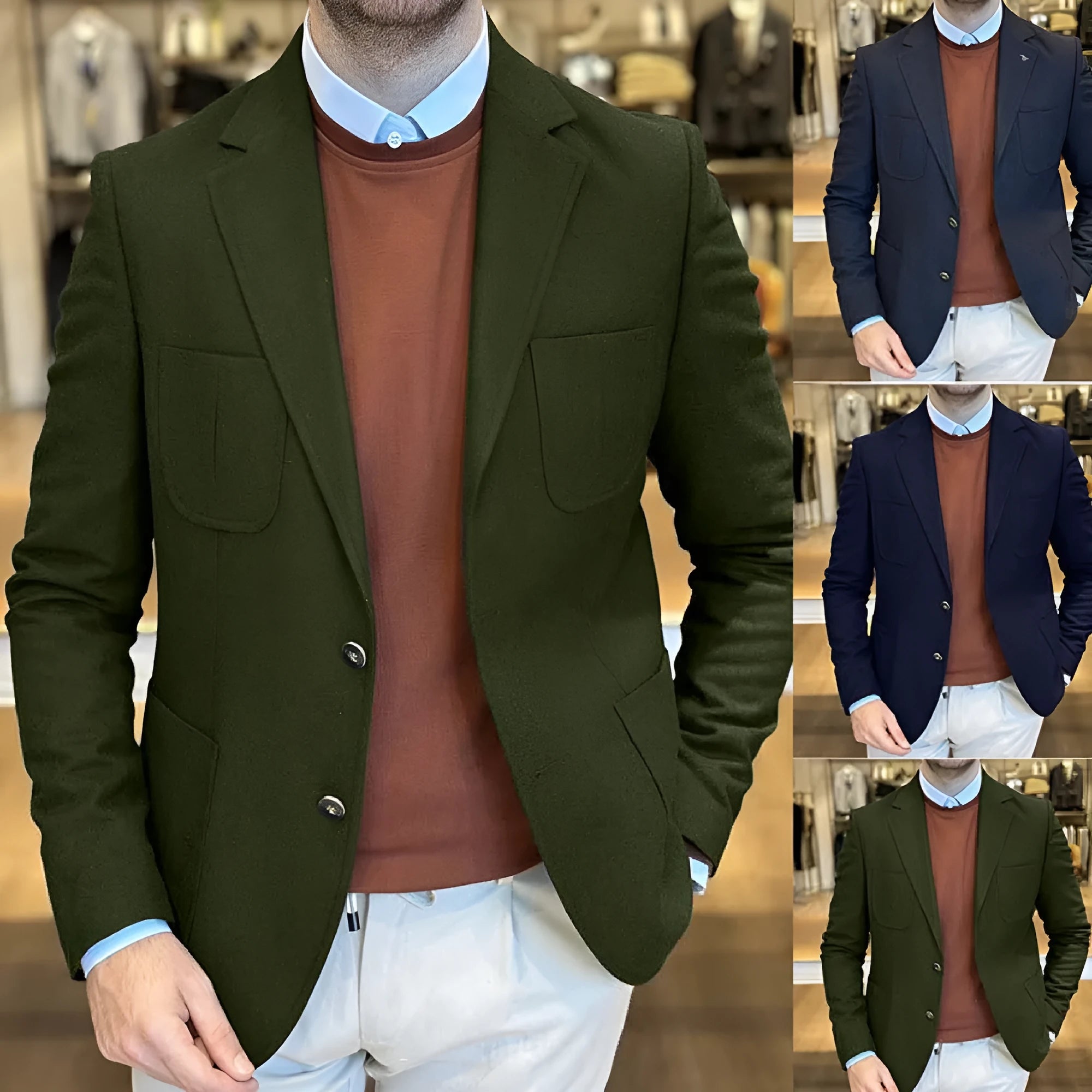 Men's loose-fit cotton casual suit jacket in retro style, shown in army green colour.