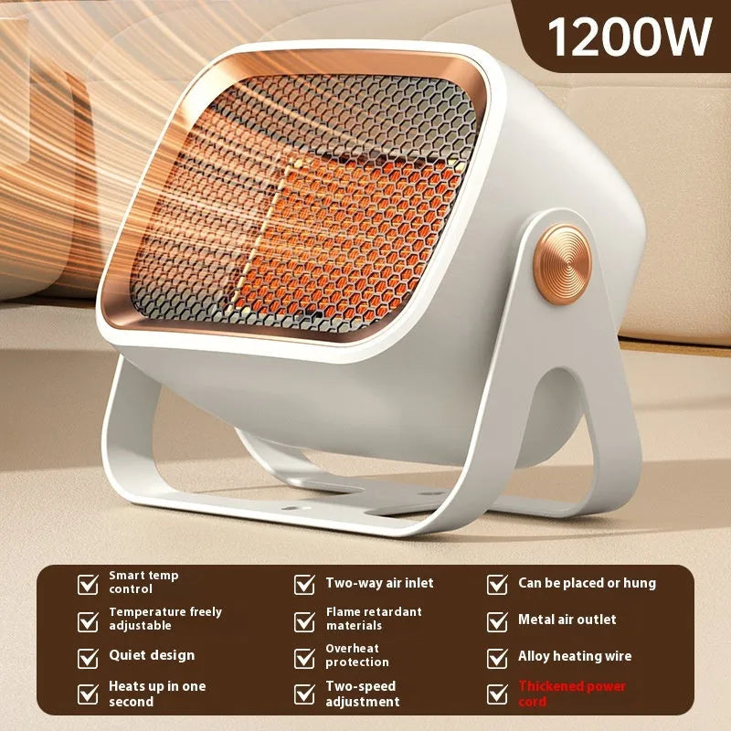 White ceramic desktop electric heater with rotatable base and push-button controls.
