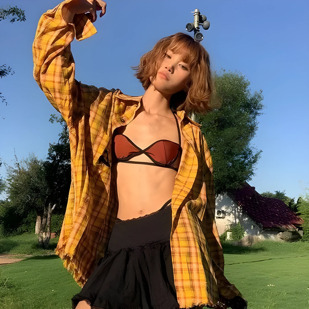 Dopamine yellow plaid shirt with loose cardigan fit and chemical fibre blend fabric