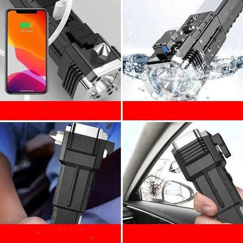 Silver portable LED flashlight with integrated USB power bank charging port.