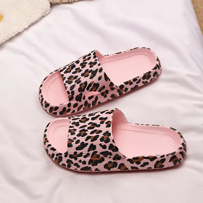 Women's leopard print EVA slippers with a thick sole, shown in multiple colour options.