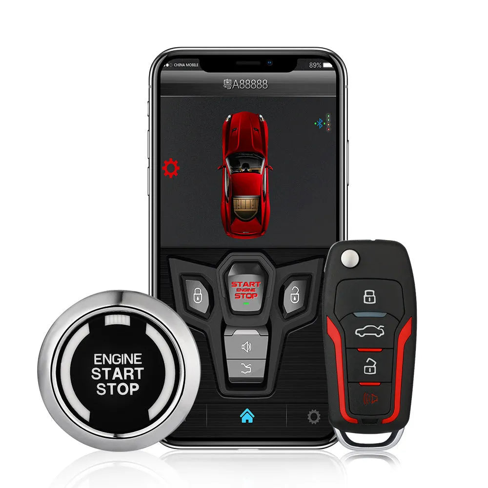 Red and frosted black one-way remote control car alarm system with two remotes for 3000m range and GPS tracking.