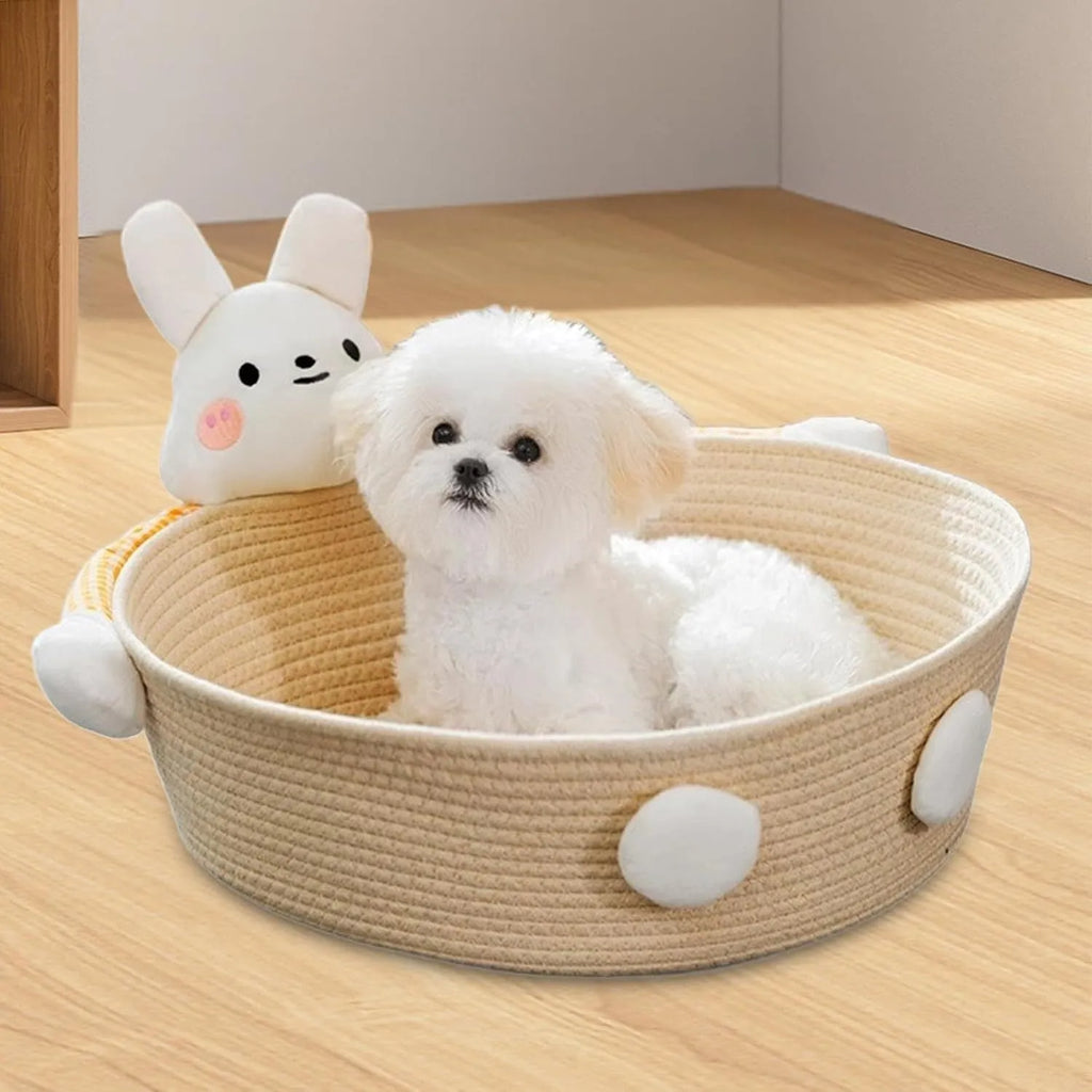 Woven cotton rope cat bed and scratcher basket in bear or rabbit design, shown in small, medium, or large size.