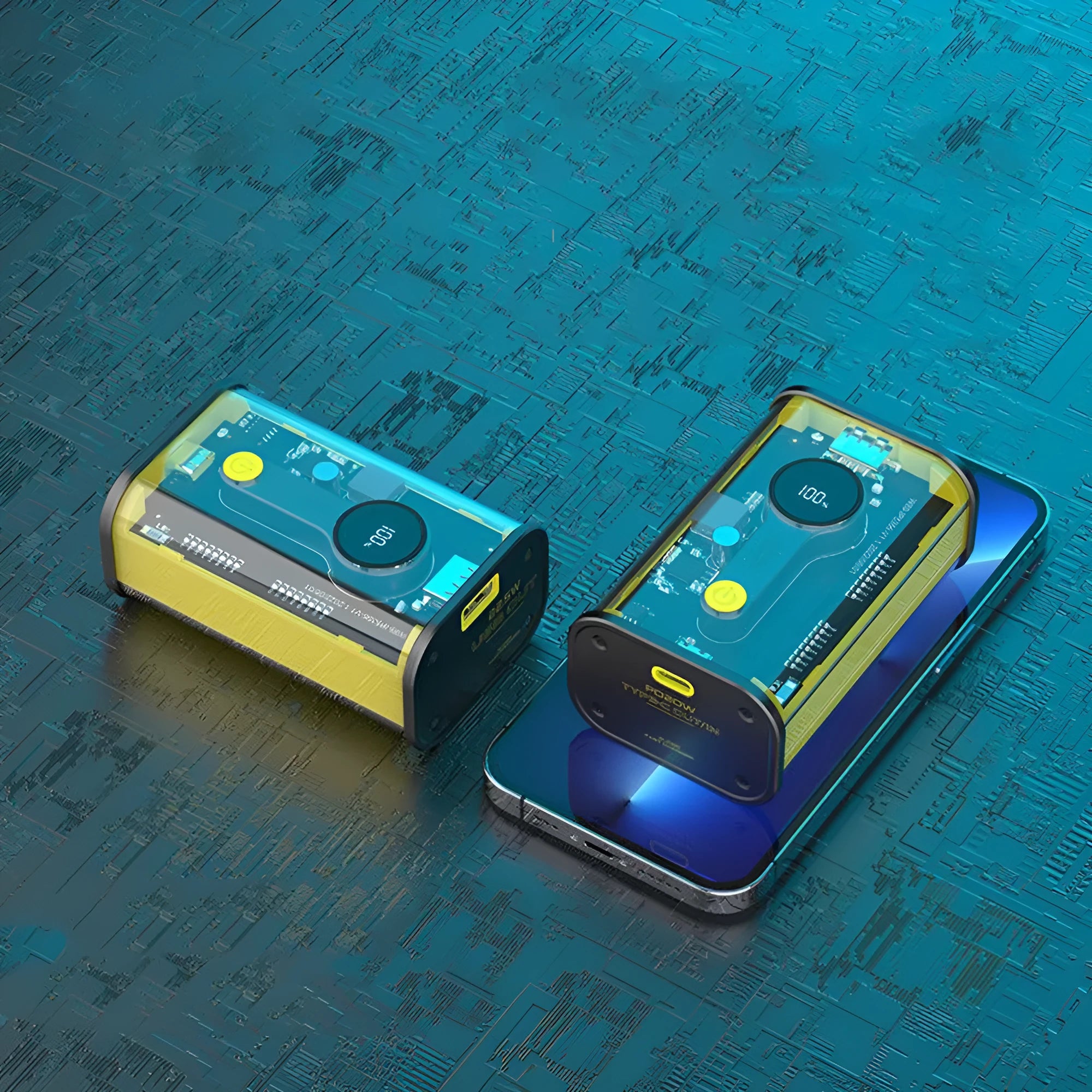 Transparent industrial power bank showing internal aluminum case and battery cells