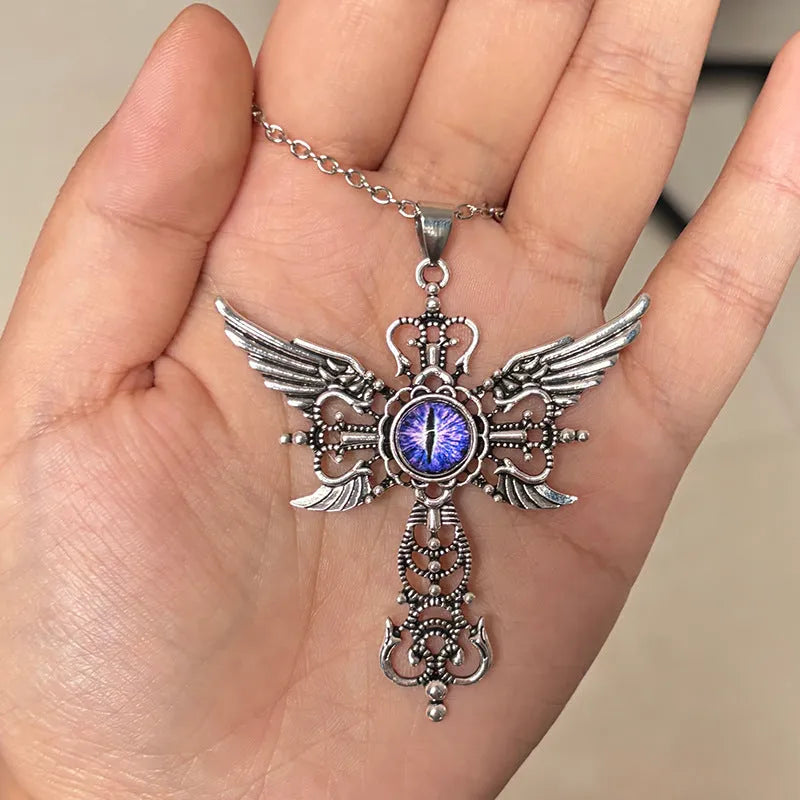 Geometric devil wings cross pendant necklace in alloy available in blue, green, purple, red and yellow colour finishes