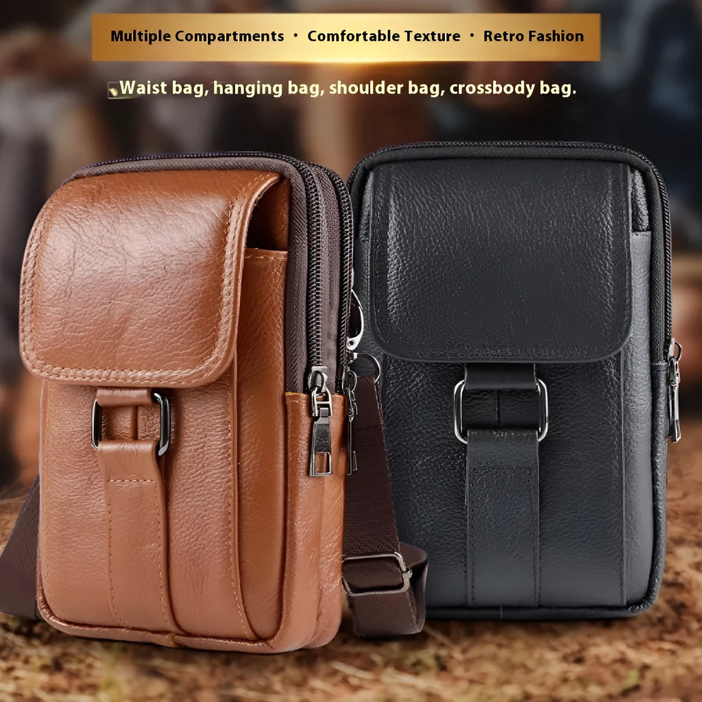 Men's black genuine leather waist bag with square shape, lock, and crossbody strap