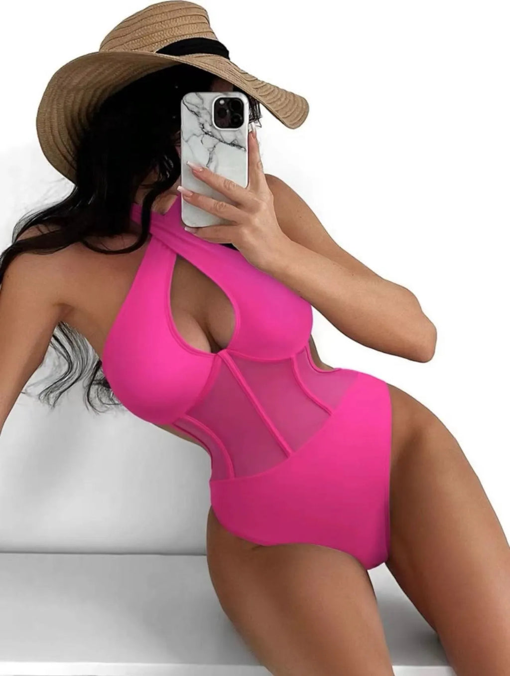 Women's black one-piece spun yarn swimsuit with nylon and spandex construction