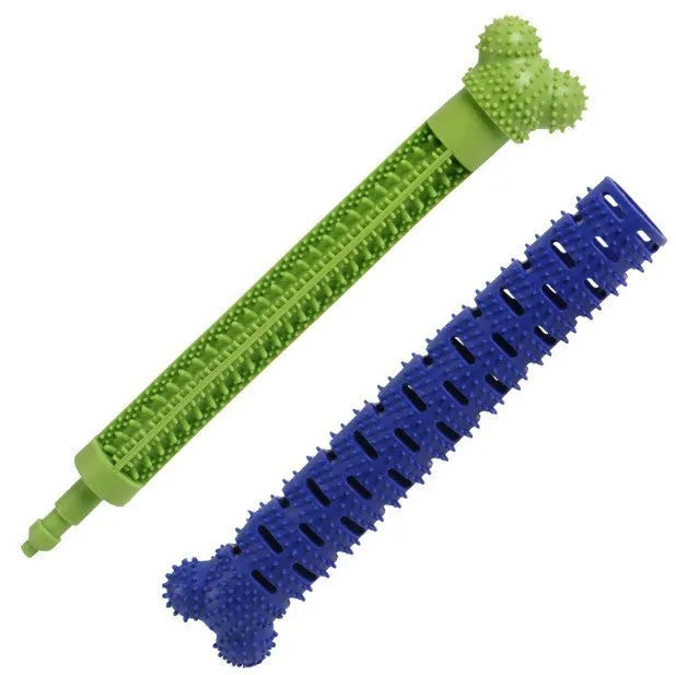 Blue silicone dog teeth cleaning stick with serrated brush head and gum massage nodules