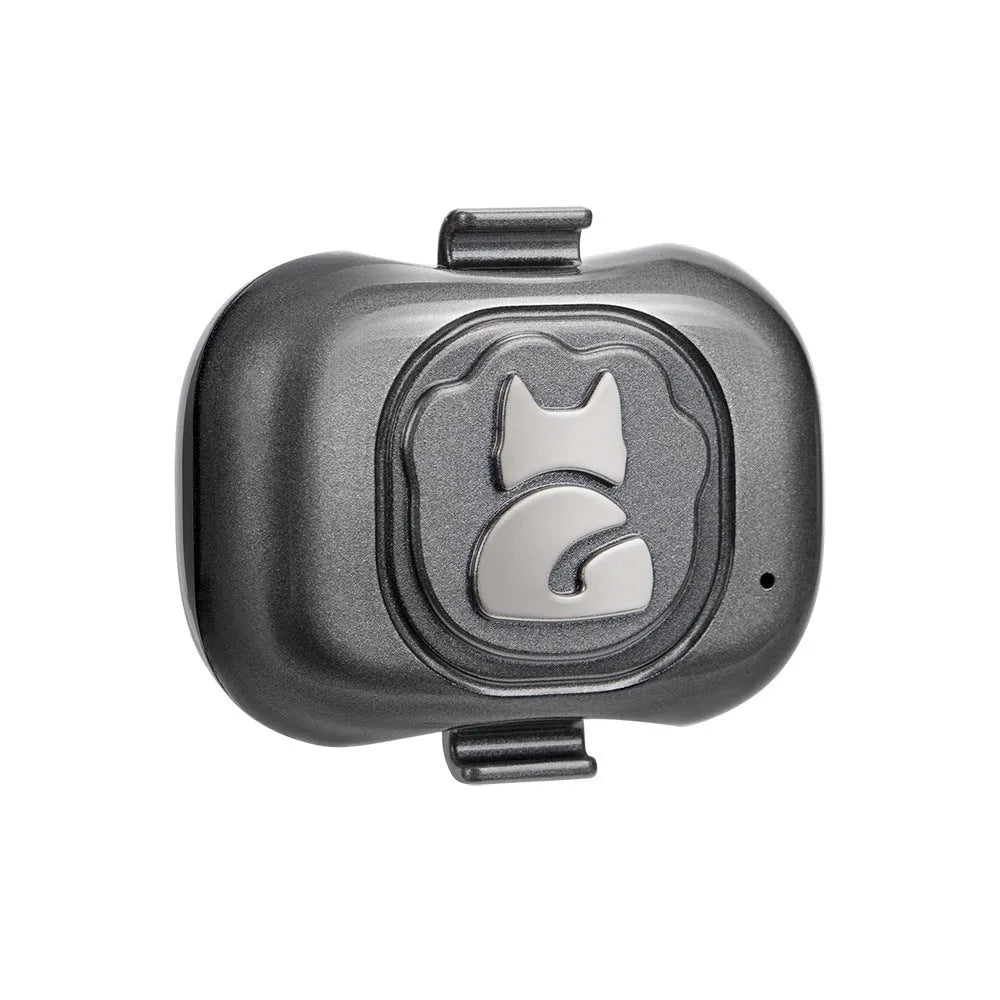 Black Pet GF-07 GPS locator tracker with hanging rope on a dog collar.