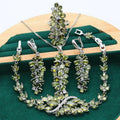 Retro plants and flowers pattern jewellery set with necklace, bracelet, earrings, and ring in olive purple colours
