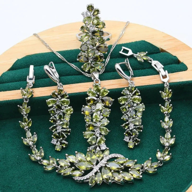 Retro plants and flowers pattern jewellery set with necklace, bracelet, earrings, and ring in olive purple colours