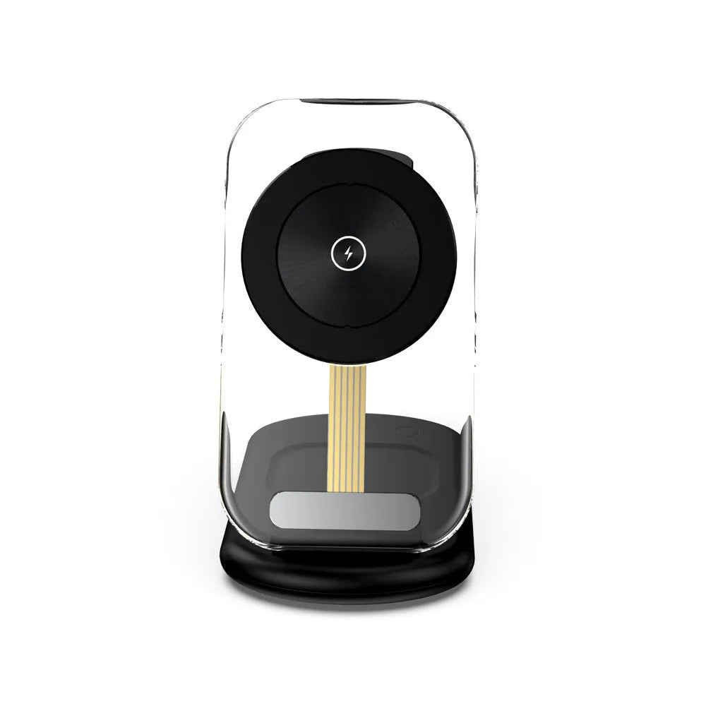 Transparent folding three-in-one magnetic wireless charger showing internal components