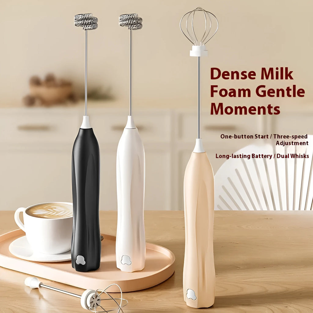 Electric mini mixer milk frother with 304 stainless steel attachment and three-speed control in beige