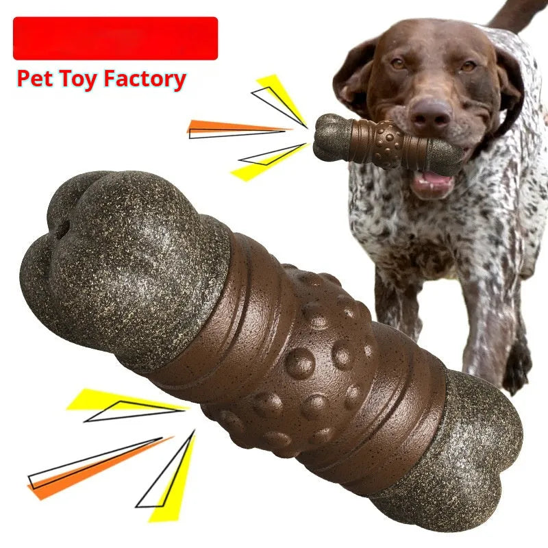 Wood colour plastic dog dental chew toy with textured molar rod design