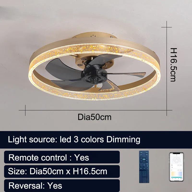 Nordic ceiling fan light with remote control in gold finish, 50cm diameter