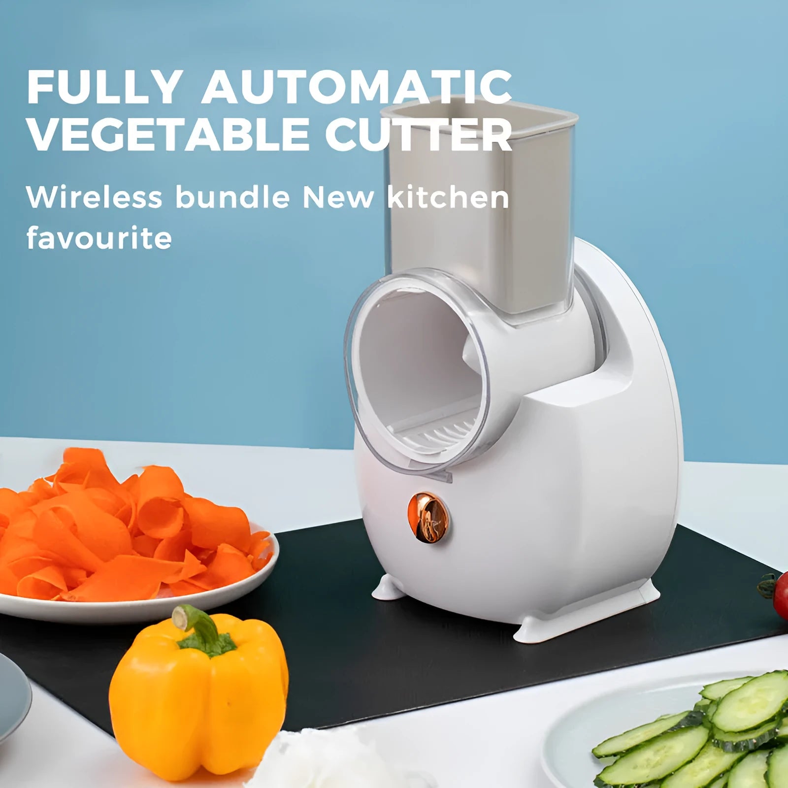 White electric vegetable slicer with rotary grater and suction base on kitchen counter