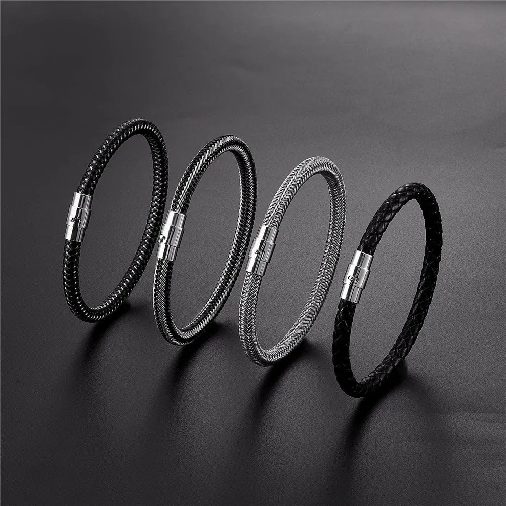Titanium steel geometric wire bracelet with magnet socket closure showing linear design elements