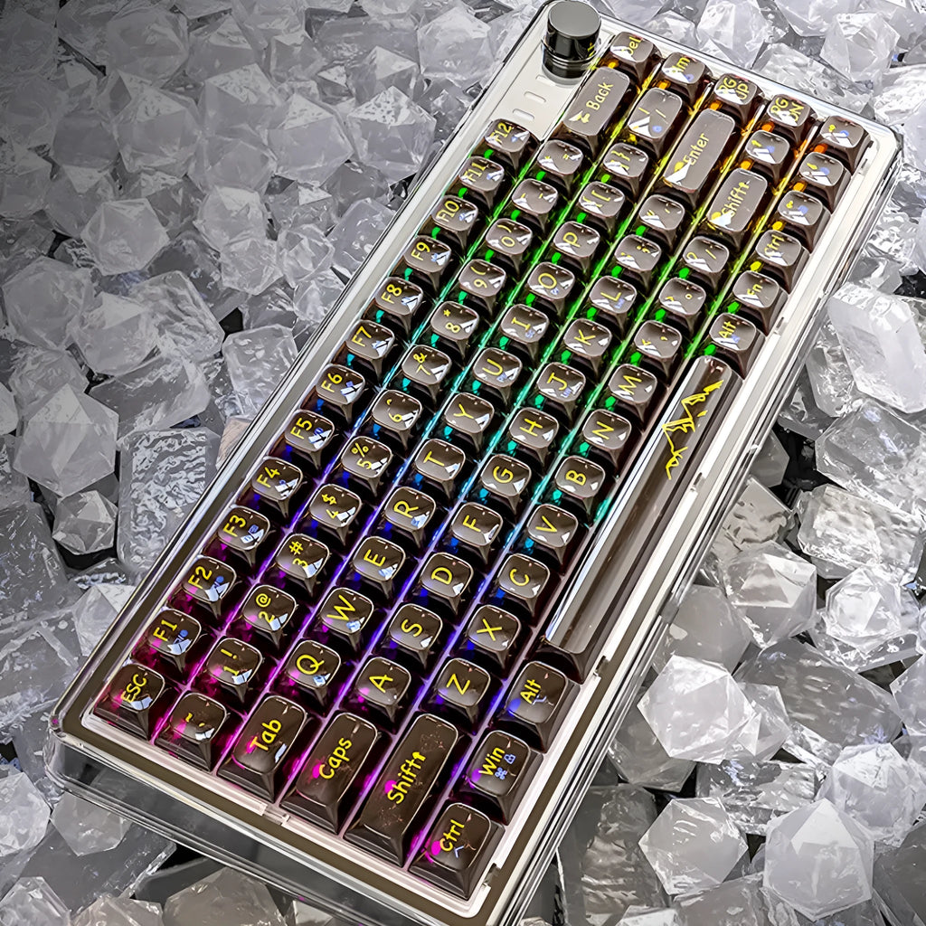 Attack Shark K75RGB wireless mechanical keyboard with transparent black case showing RGB backlighting and 75% layout