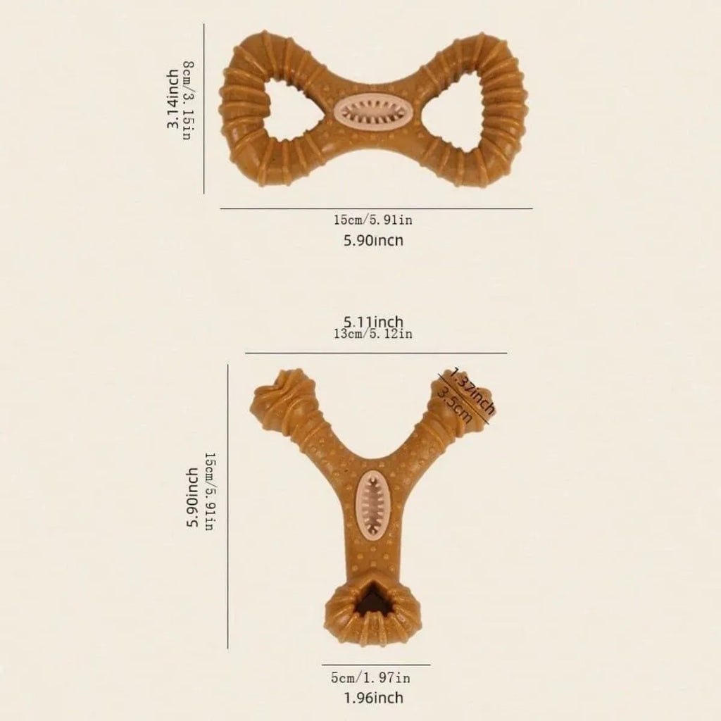 Durable dog chew bone toy for teeth cleaning, shown in 8-shape and Y-shape options.