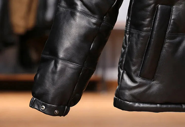 Men's black stand collar sheepskin down leather jacket with white duck down filling, pocket decoration, and cashmere fabric