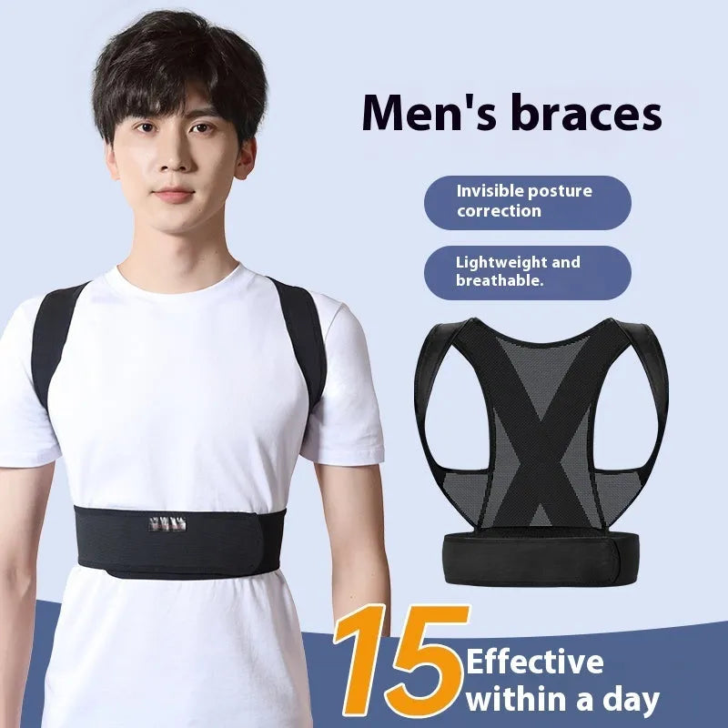 Men's adjustable hunchback corrector belt in beige or black for spine alignment and shoulder support