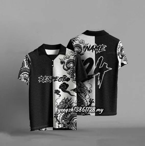 Black loose fit T-shirt with 3D digital printed design, short sleeves, polyester fabric