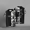 Black loose fit T-shirt with 3D digital printed design, short sleeves, polyester fabric