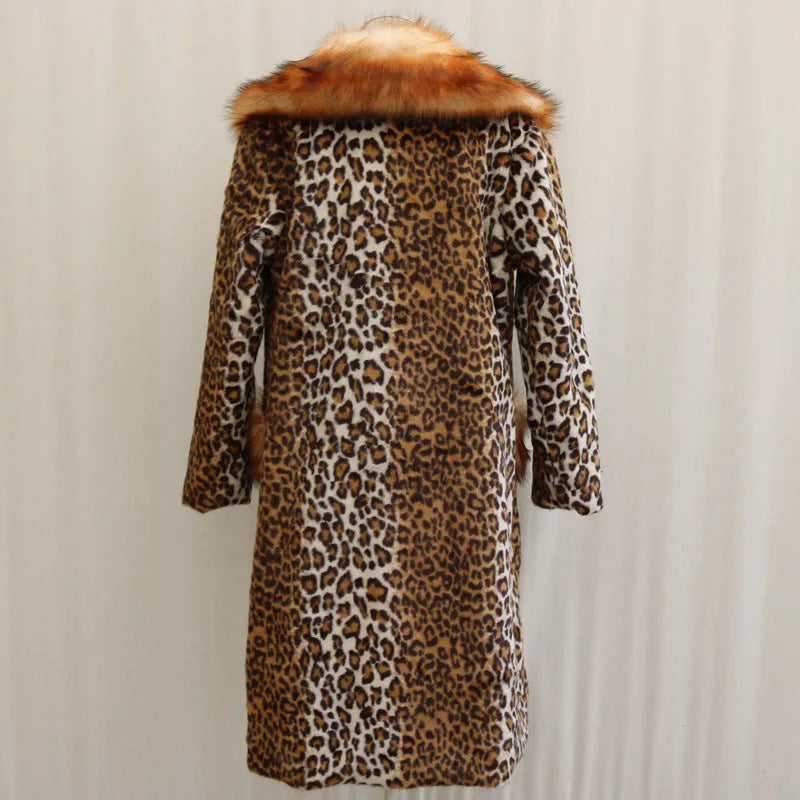 Women's long leopard print faux fur jacket with regular sleeves, shown in a casual setting.