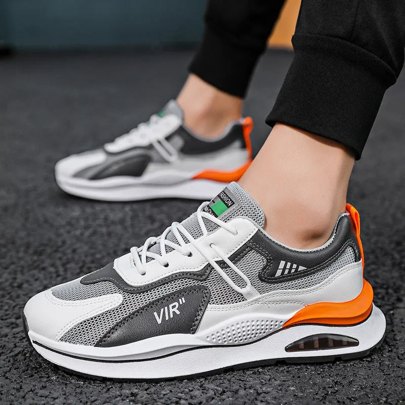 Men's grey mesh casual shoes with round toe and sewing thread details for summer running
