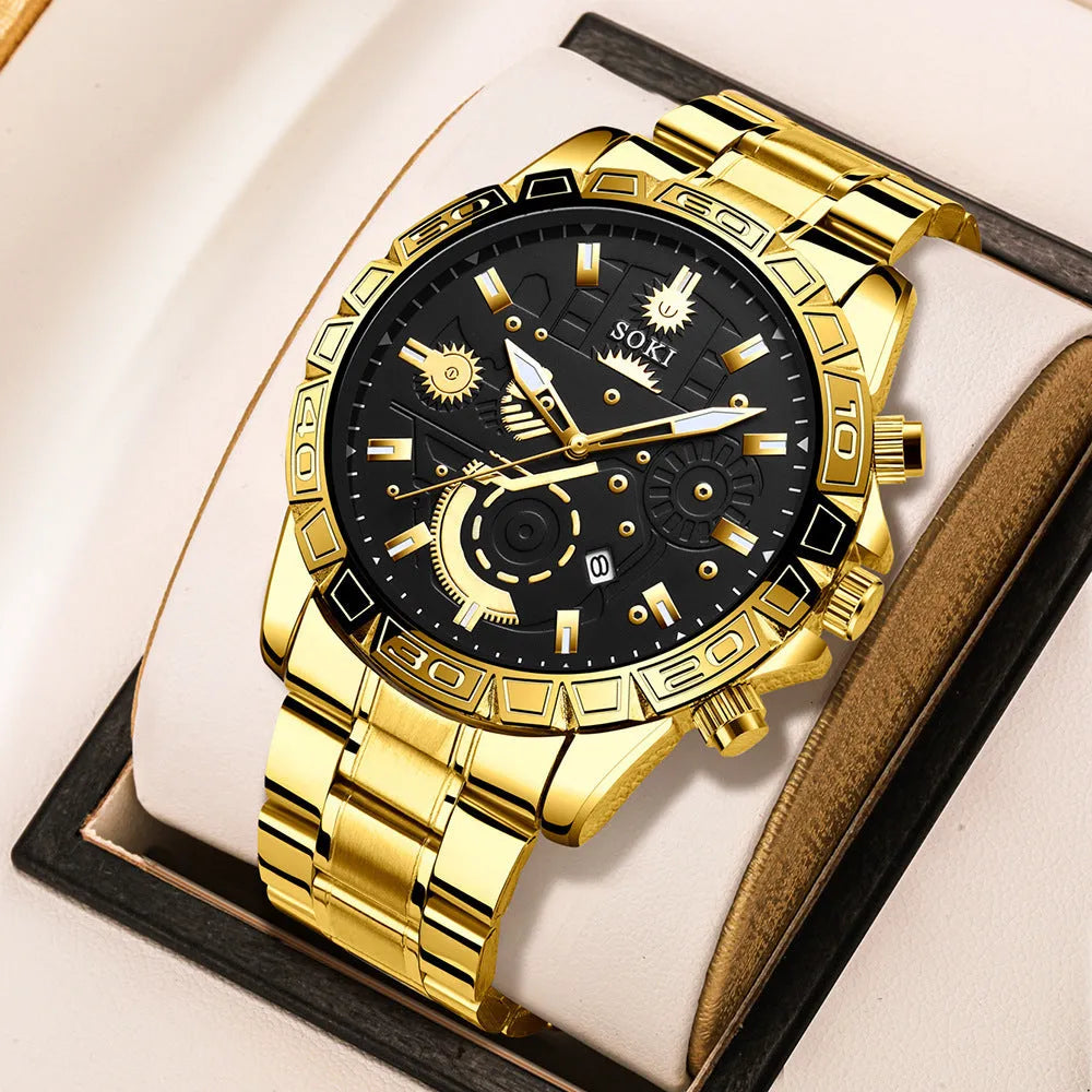 Gold men's business calendar quartz watch with stainless steel bracelet and single folding buckle