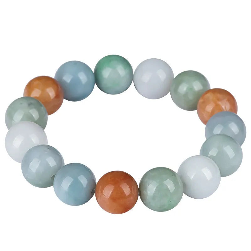 Women's natural Myanmar jade bracelet showing three colours in 13mm round bead design