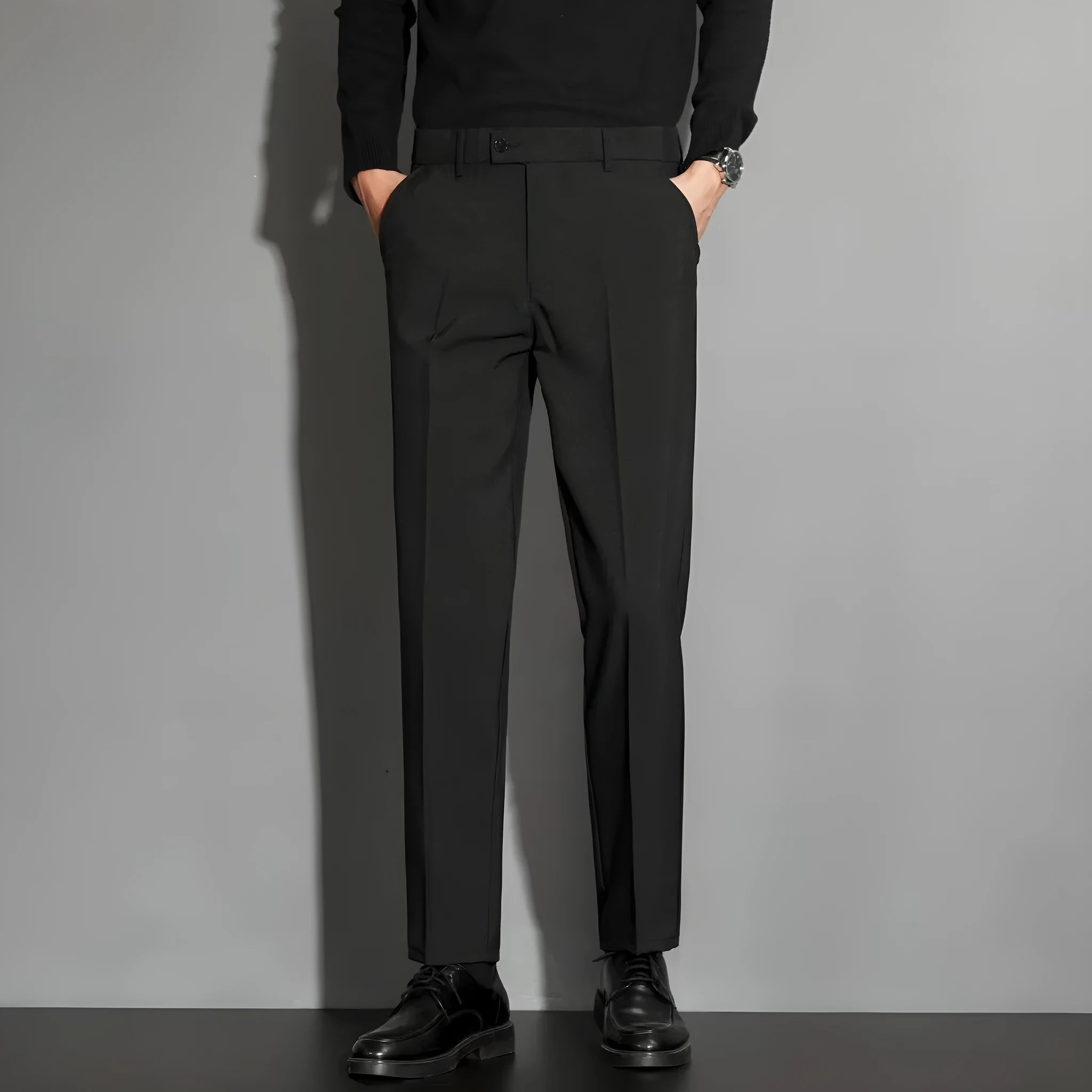 Men's straight-leg ankle-length suit trousers in chemical fibre blend fabric shown in multiple colour options