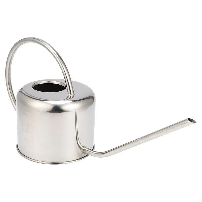 Stainless steel watering can with long spout, 2-litre capacity, shown in black, gold, and silver finishes.