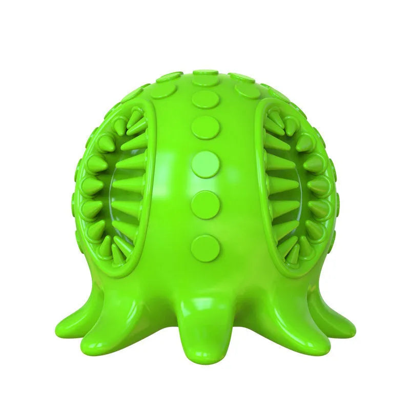 Small octopus dog toothbrush chew toy in blue colour with bristle surfaces for dental cleaning