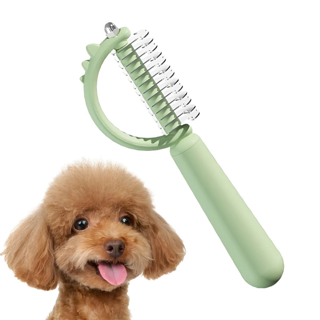 Dinosaur-shaped self-cleaning cat brush with double-sided grooming functions in blue colour
