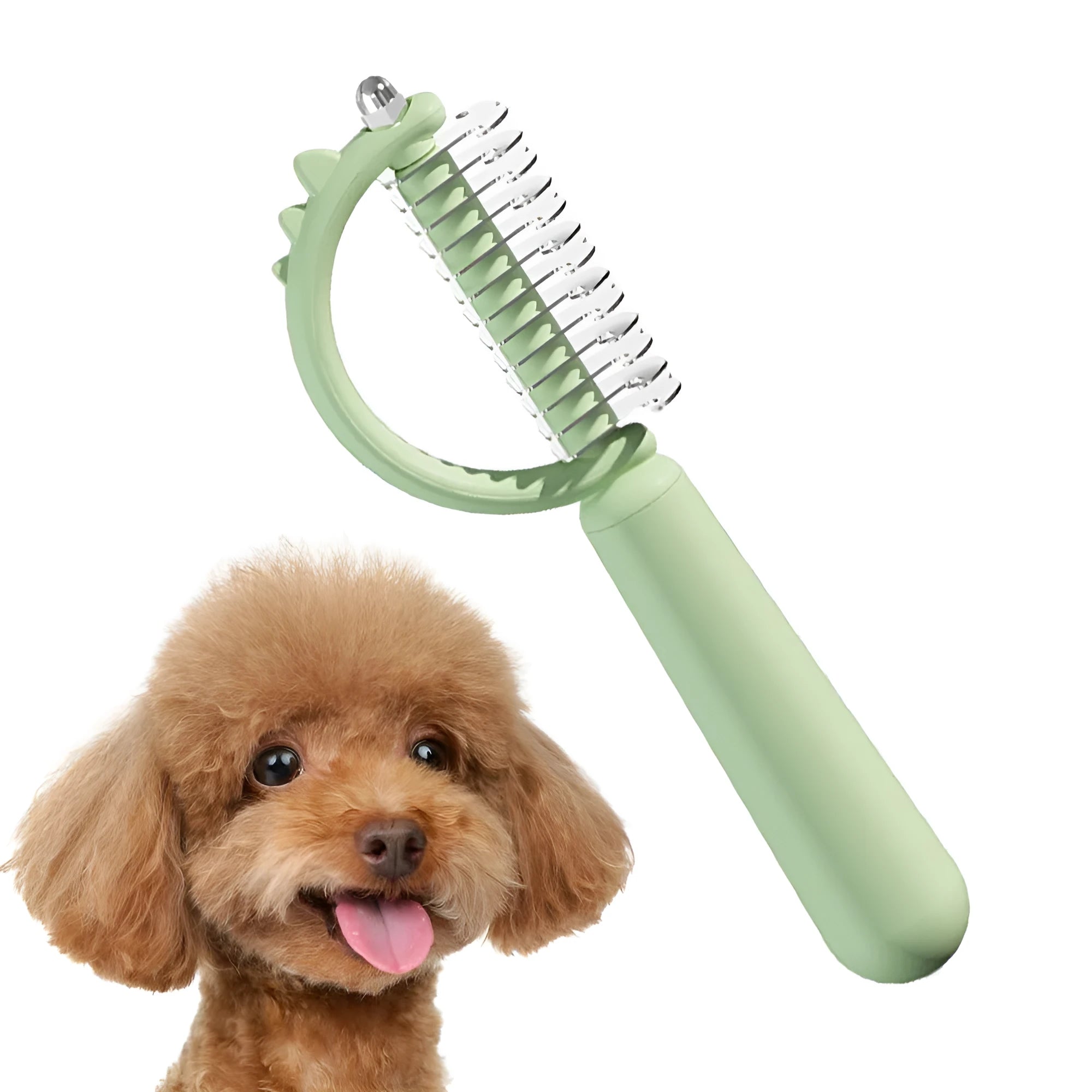 Dinosaur-shaped self-cleaning cat brush with double-sided grooming functions in blue colour