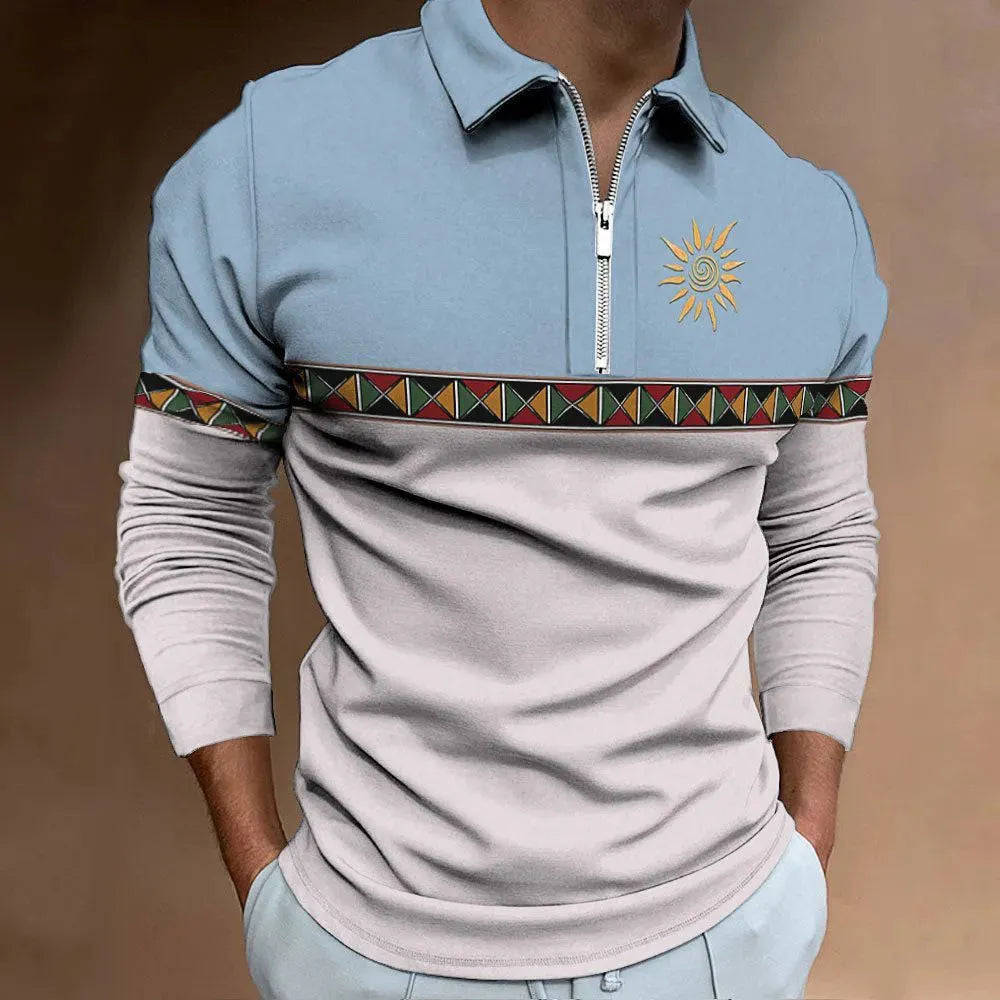 Men's retro colour stripe print golf top with zipper decorations, loose fit long sleeve polyester T-shirt