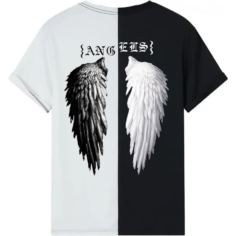 Men's grey printed streetwear short-sleeved sports T-shirt on a hanger.