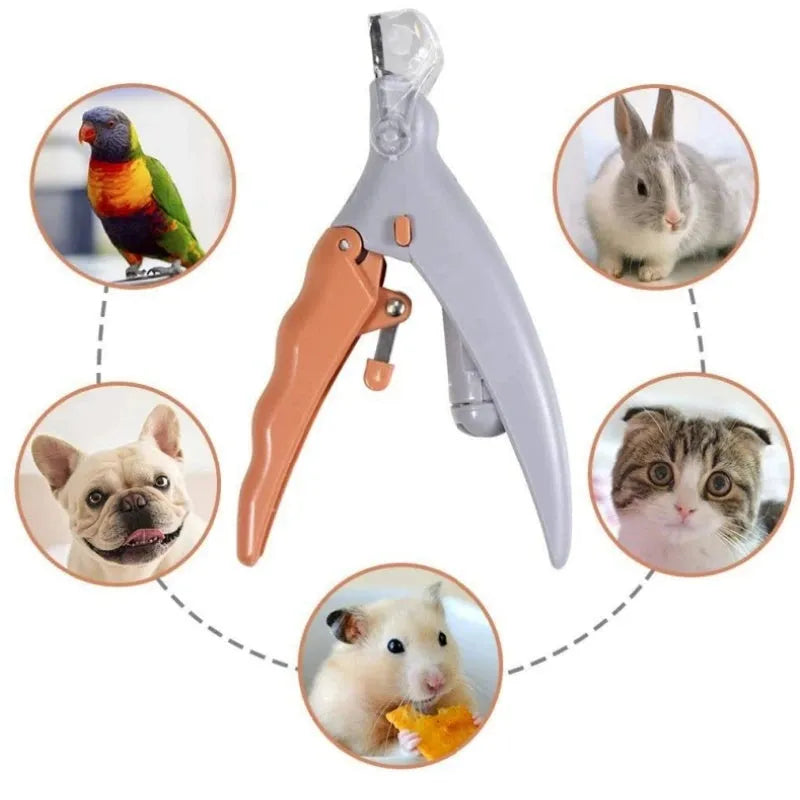 Yellow pet nail clipper with LED light on and magnifying lens visible, showing ergonomic handle design.