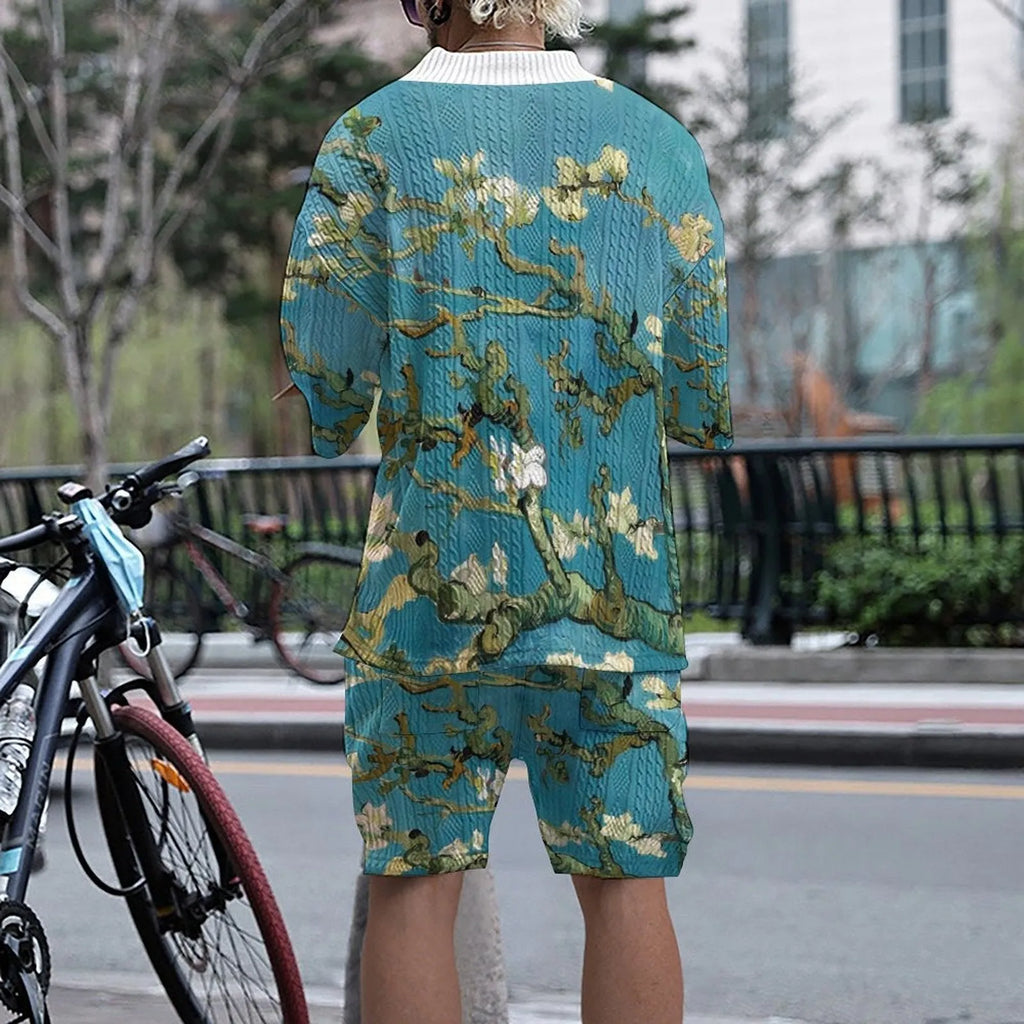 Men's peacock blue 3D printed knitted shorts suit with fifth pants length and matching T-shirt